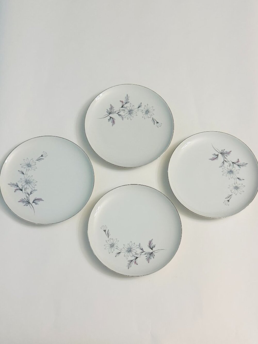 Crown Jewel Fine China Dinner Plates Daisy Floral Silver Trim Vintage Set of 4